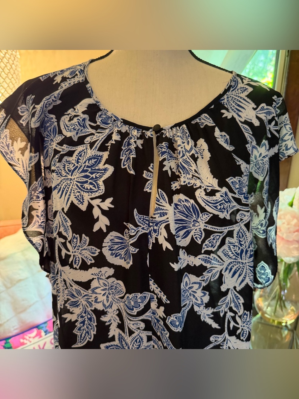 Vince Camuto Black Blouse with White and Blue Floral/Paisley Print
